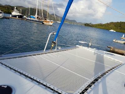 Deck of Zenith, a Fountaine Pajot Salina 48 catamaran at San Blas, Corazon de Jesus, Panama