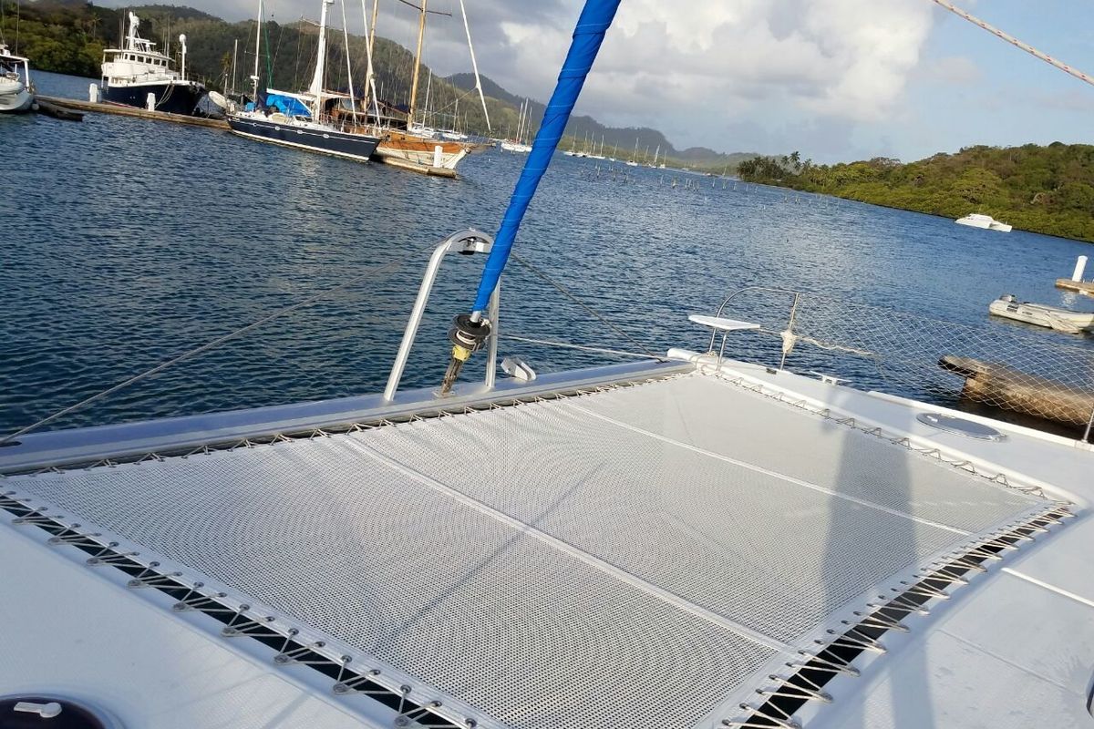 Deck of Zenith, a Fountaine Pajot Salina 48 catamaran at San Blas, Corazon de Jesus, Panama
