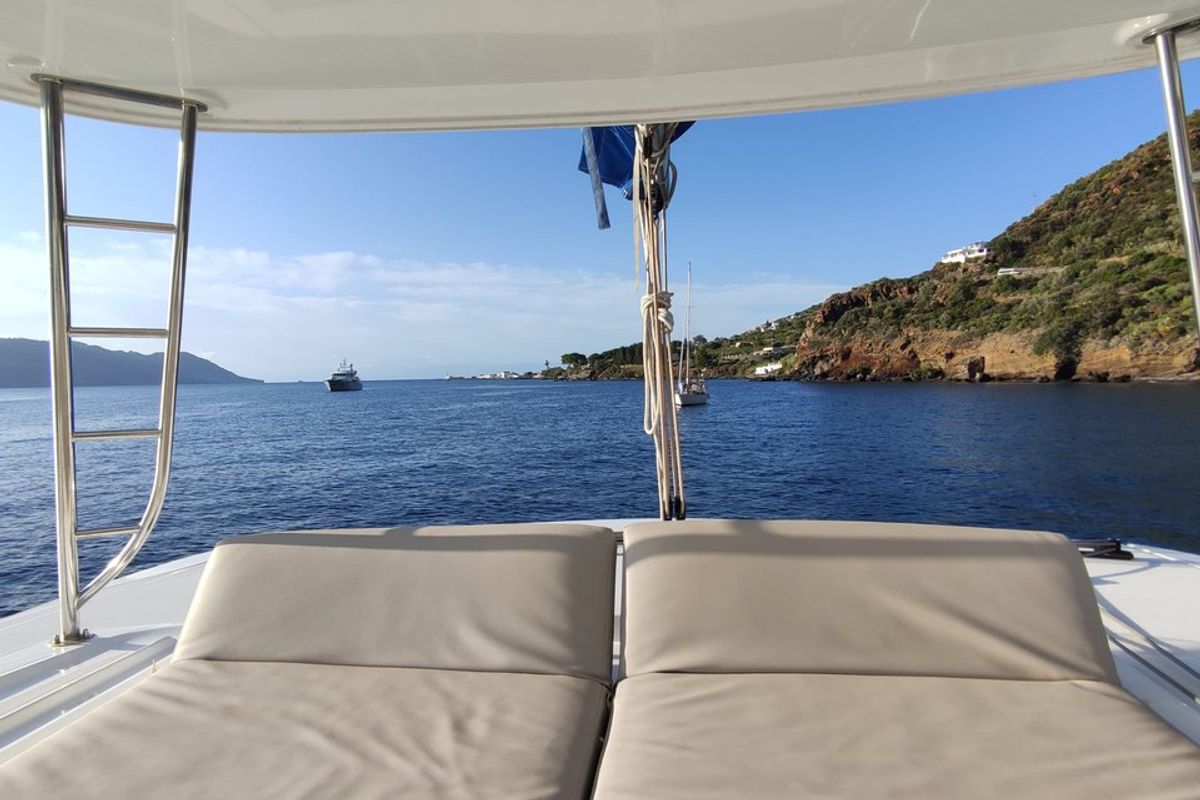 Deck of Bambenella, a Lagoon 46 catamaran at Tonnarella, Italy