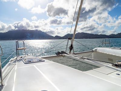 Deck of Golden Bride, a Lagoon 42 catamaran at Eden Island Marina, Seychelles