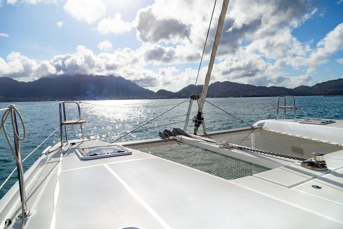 Deck of Golden Bride, a Lagoon 42 catamaran at Eden Island Marina, Seychelles