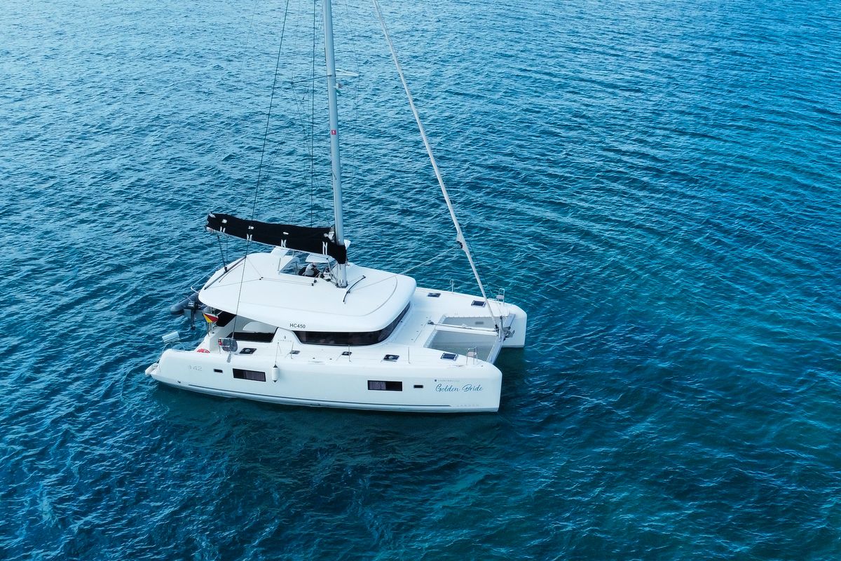 Exterior view of Golden Bride, a Lagoon 42 catamaran at Eden Island Marina, Seychelles