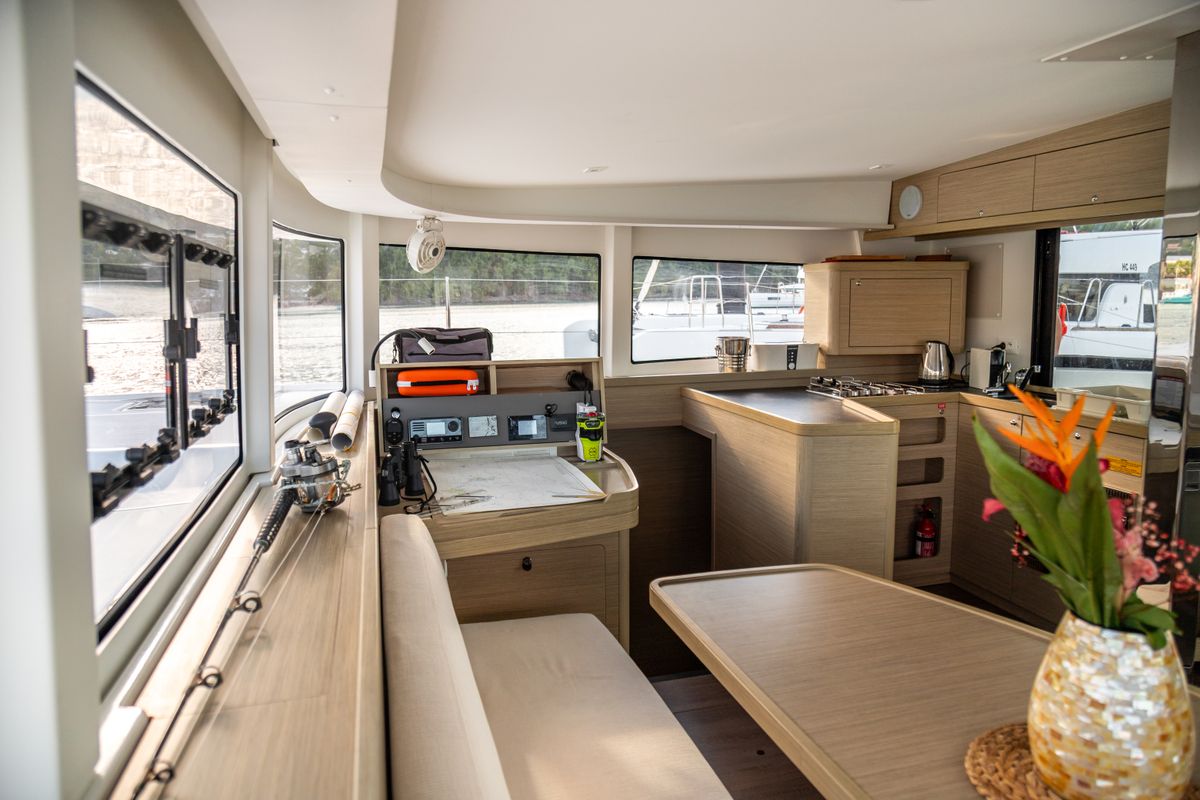 Salon of Golden Bride, a Lagoon 42 catamaran at Eden Island Marina, Seychelles