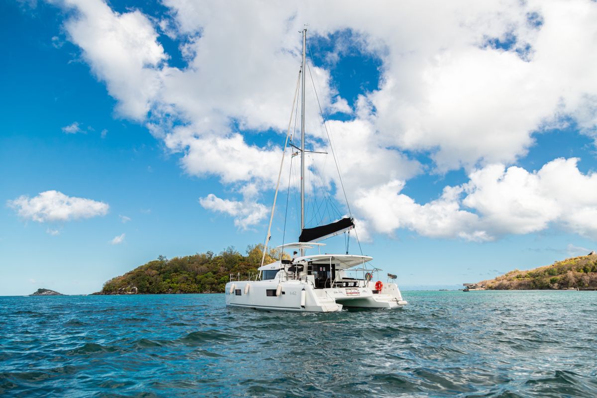 Exterior view of Golden Bride, a Lagoon 42 catamaran at Eden Island Marina, Seychelles