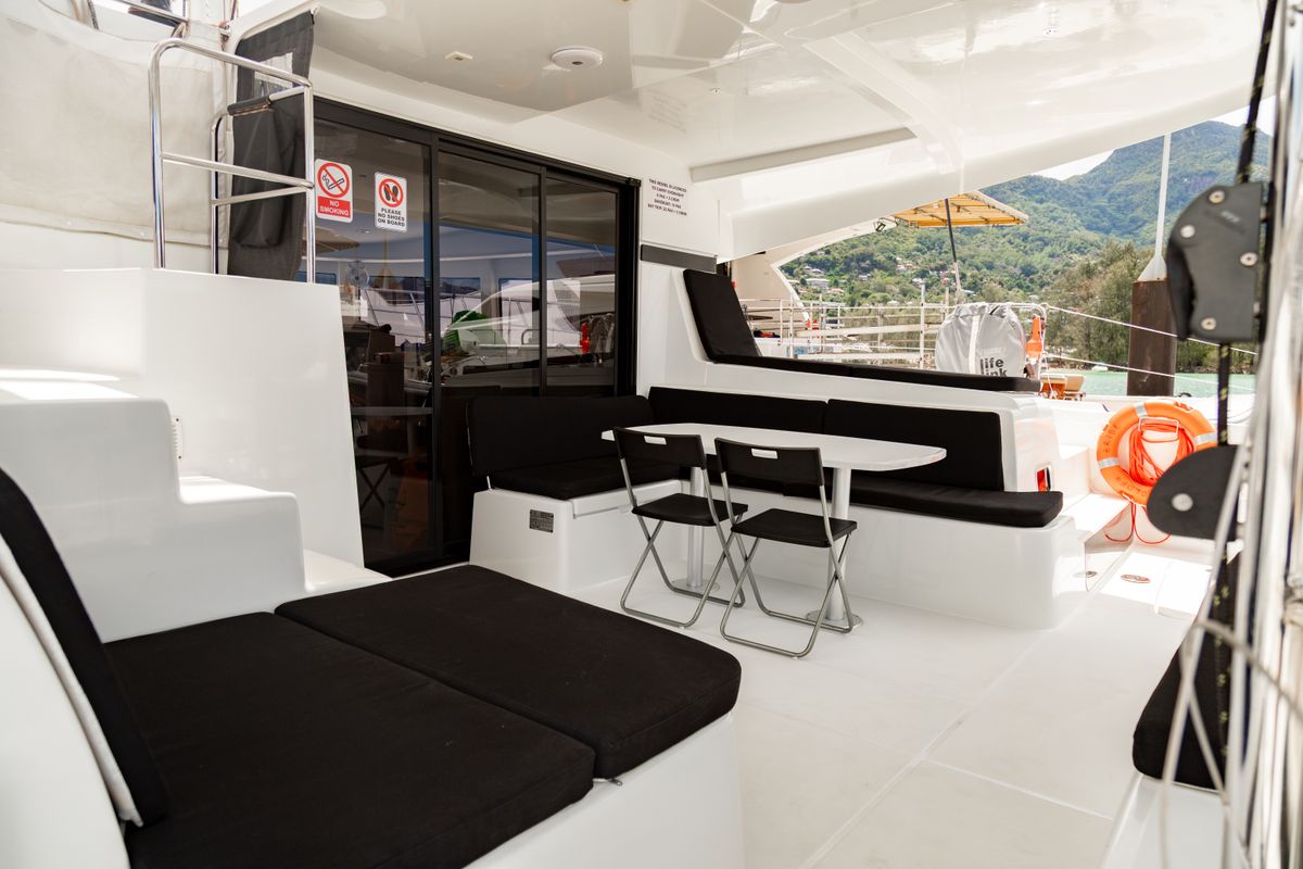 Deck of Golden Bride, a Lagoon 42 catamaran at Eden Island Marina, Seychelles