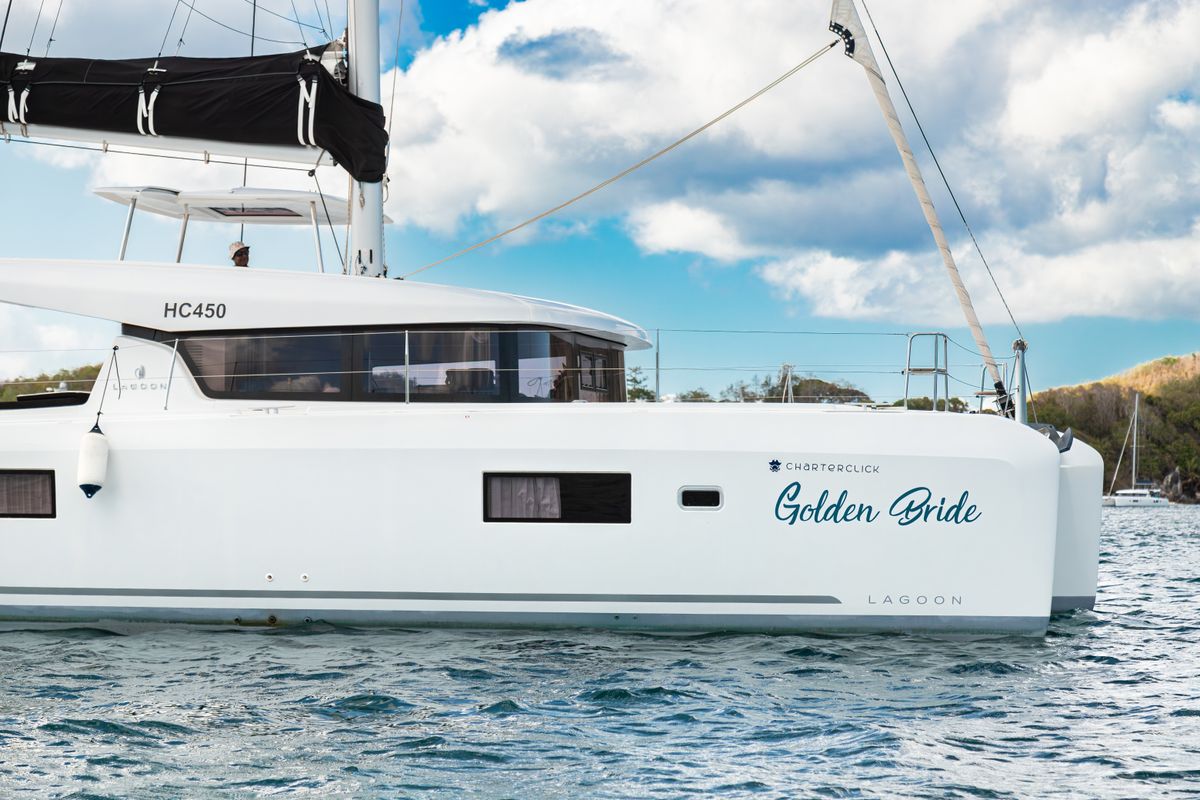 Exterior view of Golden Bride, a Lagoon 42 catamaran at Eden Island Marina, Seychelles