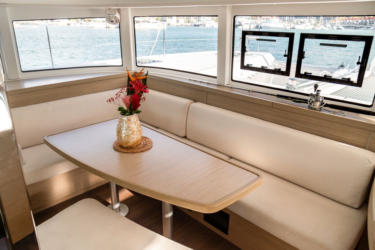 Salon of Golden Bride, a Lagoon 42 catamaran at Eden Island Marina, Seychelles