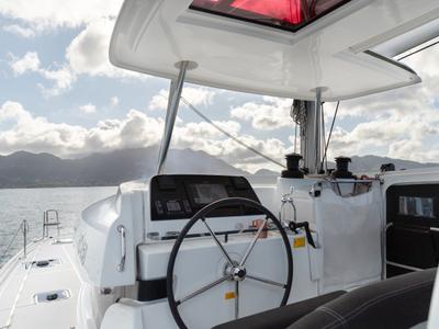 Cockpit of Golden Bride, a Lagoon 42 catamaran at Eden Island Marina, Seychelles