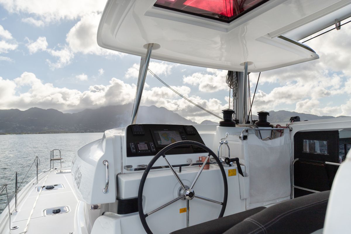 Cockpit of Golden Bride, a Lagoon 42 catamaran at Eden Island Marina, Seychelles
