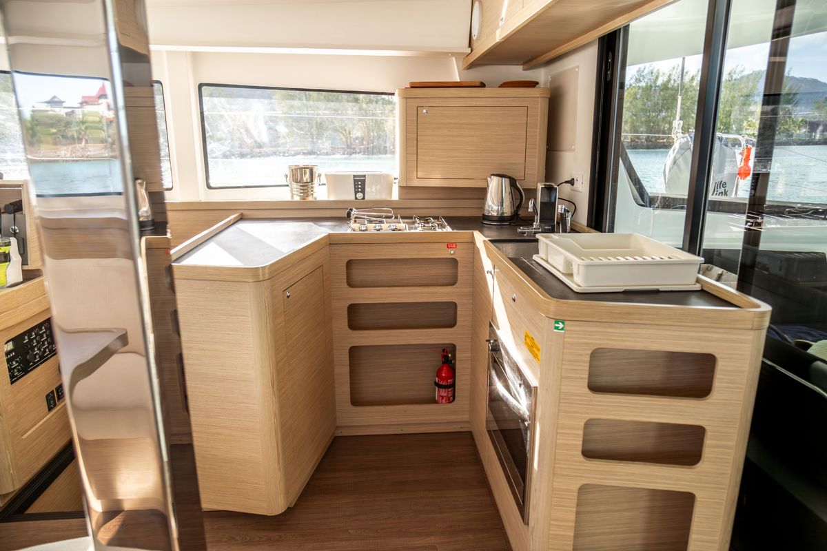 Galley of Golden Bride, a Lagoon 42 catamaran at Eden Island Marina, Seychelles