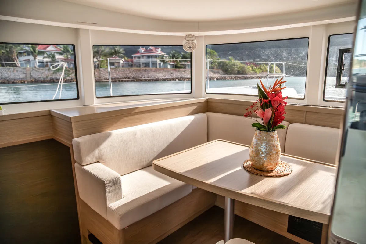 Salon of Golden Bride, a Lagoon 42 catamaran at Eden Island Marina, Seychelles
