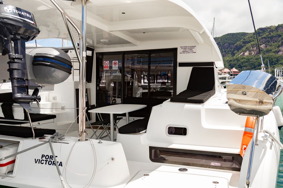 Deck of Golden Bride, a Lagoon 42 catamaran at Eden Island Marina, Seychelles