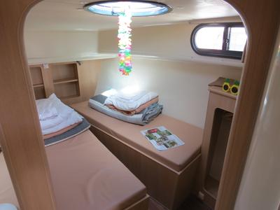 Cabin on Chorus, a Nicols Estivale Octo motorboat at Grez-Neuville, France