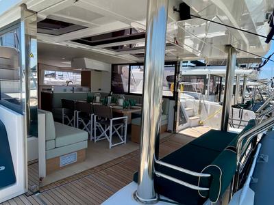 Salon of Romar IV, a Bali 4.8 catamaran at Athens, Greece