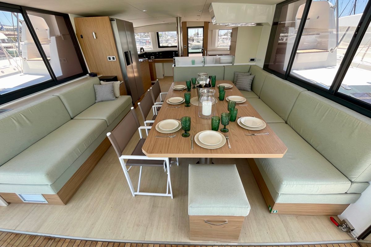 Salon of Romar IV, a Bali 4.8 catamaran at Athens, Greece