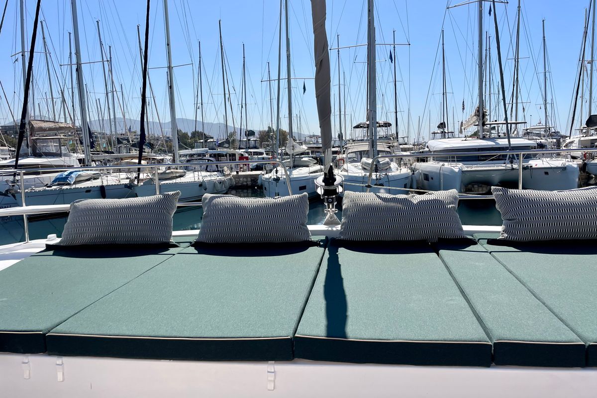 Deck of Romar IV, a Bali 4.8 catamaran at Athens, Greece