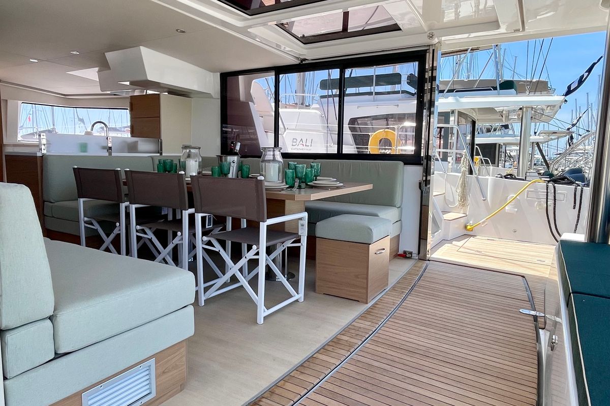 Salon of Romar IV, a Bali 4.8 catamaran at Athens, Greece