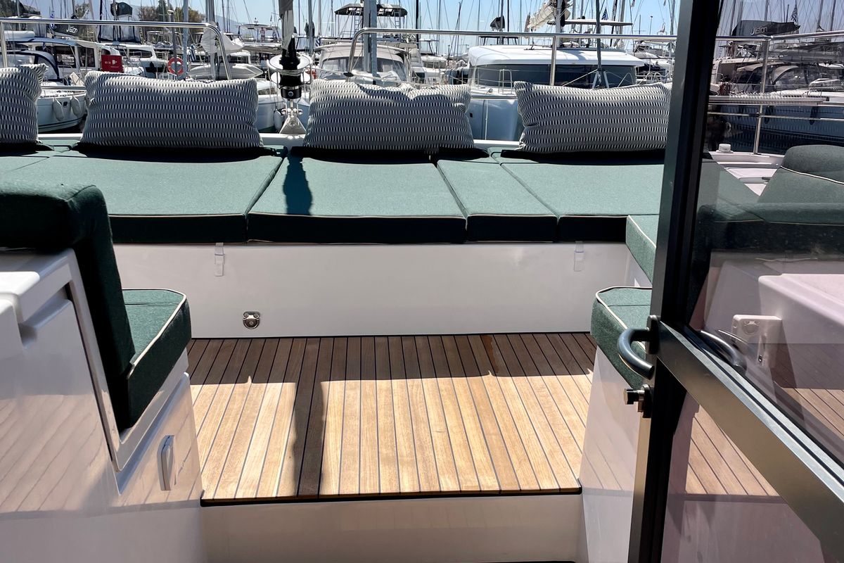 Deck of Romar IV, a Bali 4.8 catamaran at Athens, Greece