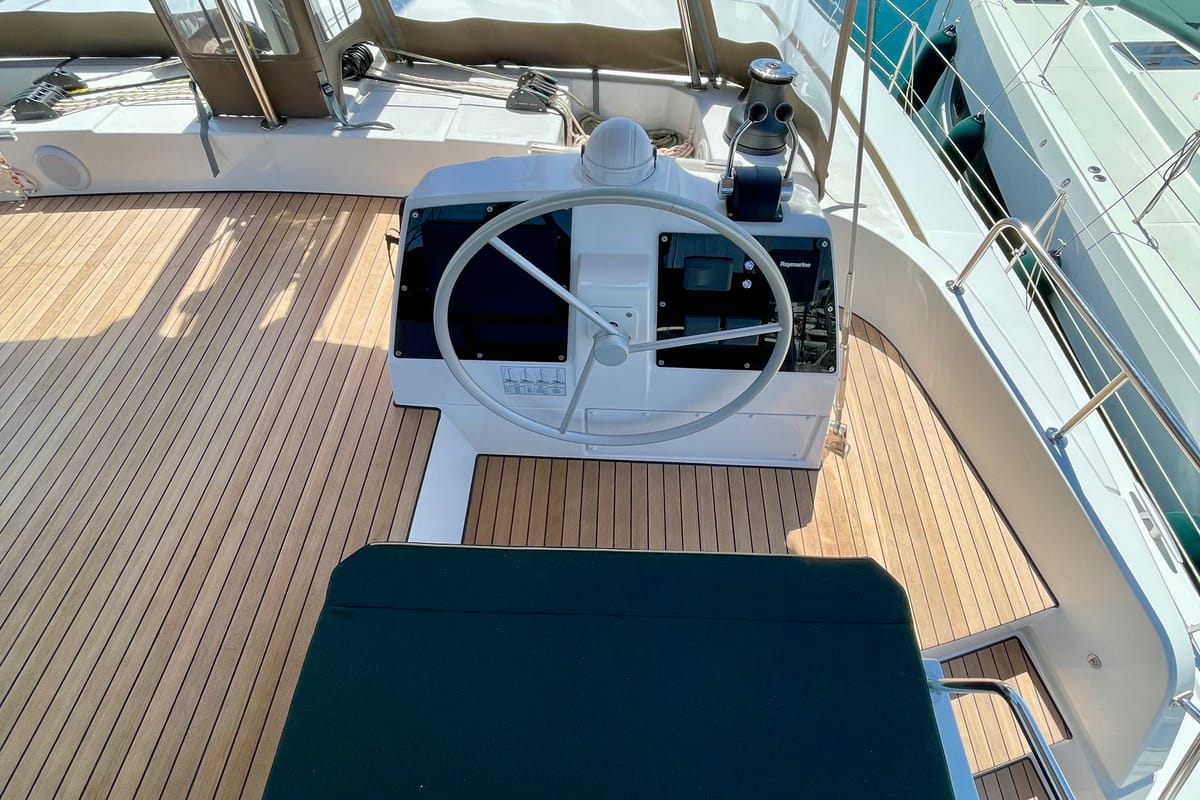 Cockpit of Romar IV, a Bali 4.8 catamaran at Athens, Greece