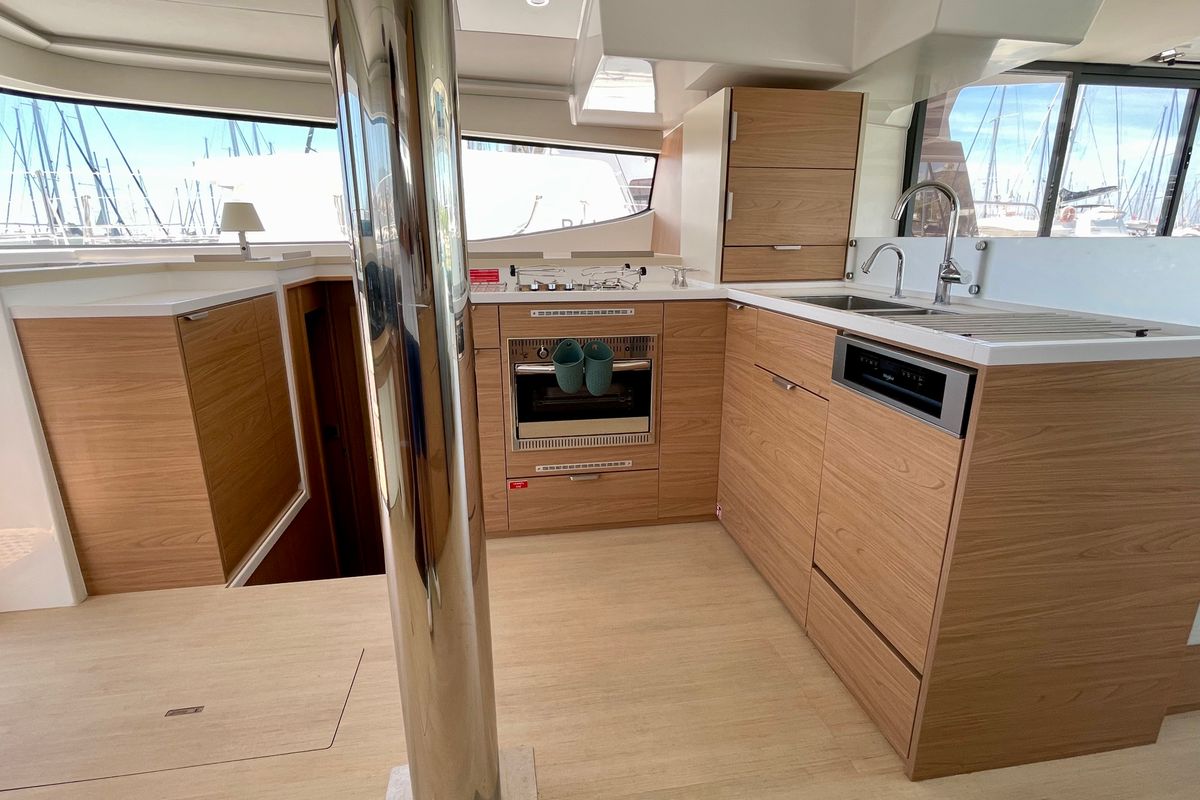 Galley of Romar IV, a Bali 4.8 catamaran at Athens, Greece