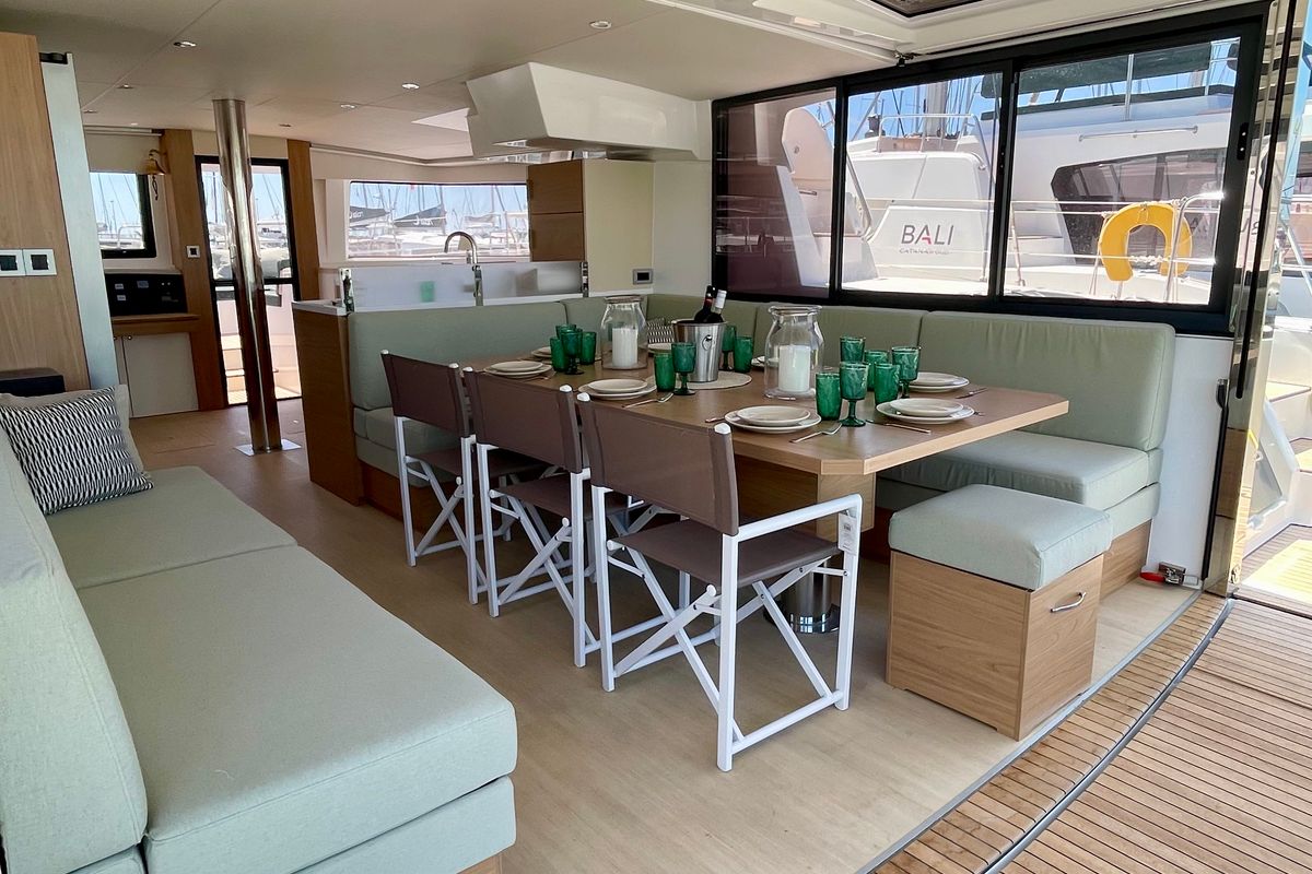 Salon of Romar IV, a Bali 4.8 catamaran at Athens, Greece