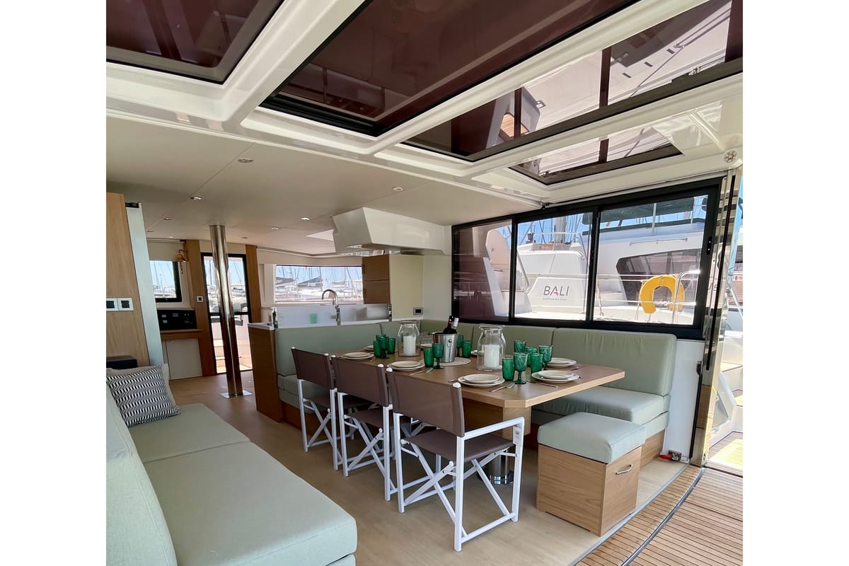 Salon of Romar IV, a Bali 4.8 catamaran at Athens, Greece