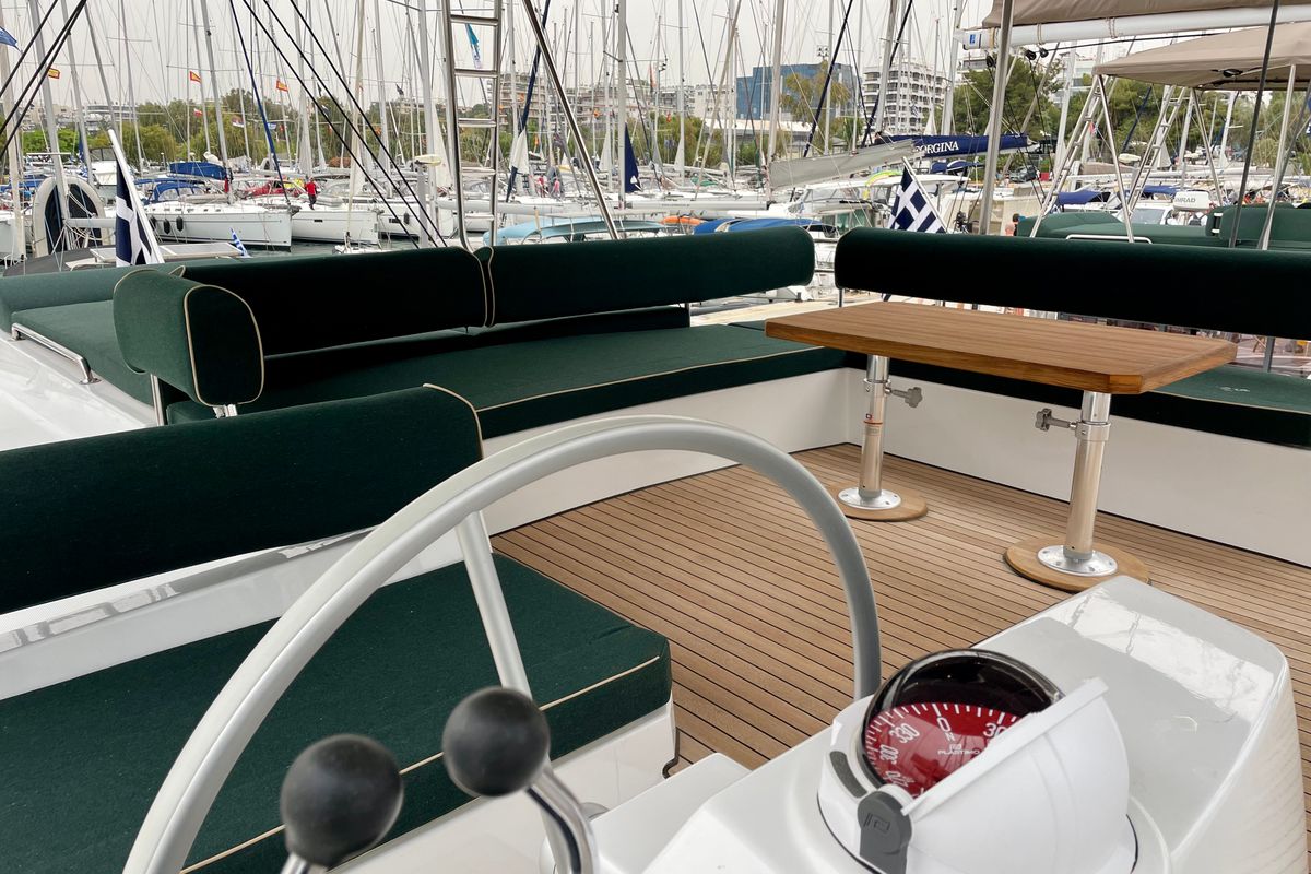 Cockpit of Romar IV, a Bali 4.8 catamaran at Athens, Greece
