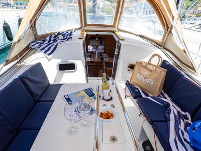 Deck of Cherie Bibi, a Jeanneau Sun Odyssey 349 sailboat at Municipal Unit of Lefkada, Greece