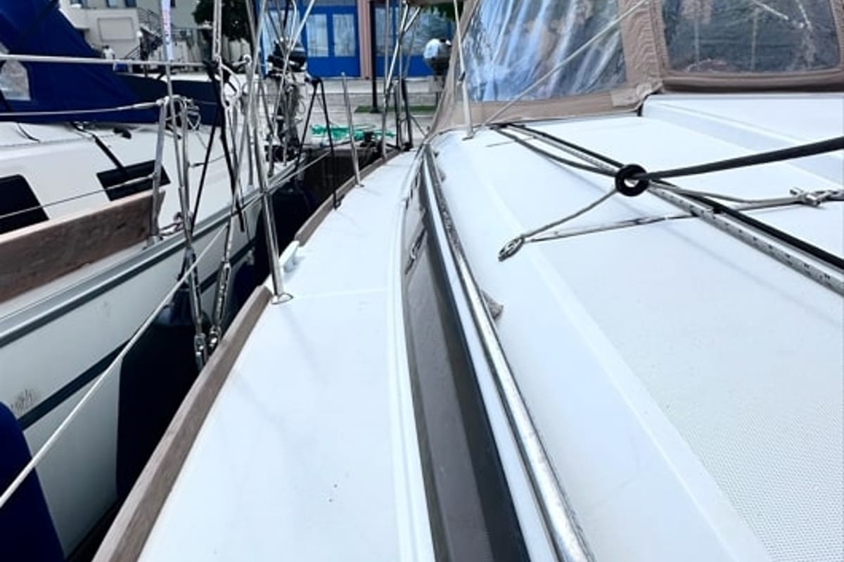 Deck of Cherie Bibi, a Jeanneau Sun Odyssey 349 sailboat at Municipal Unit of Lefkada, Greece