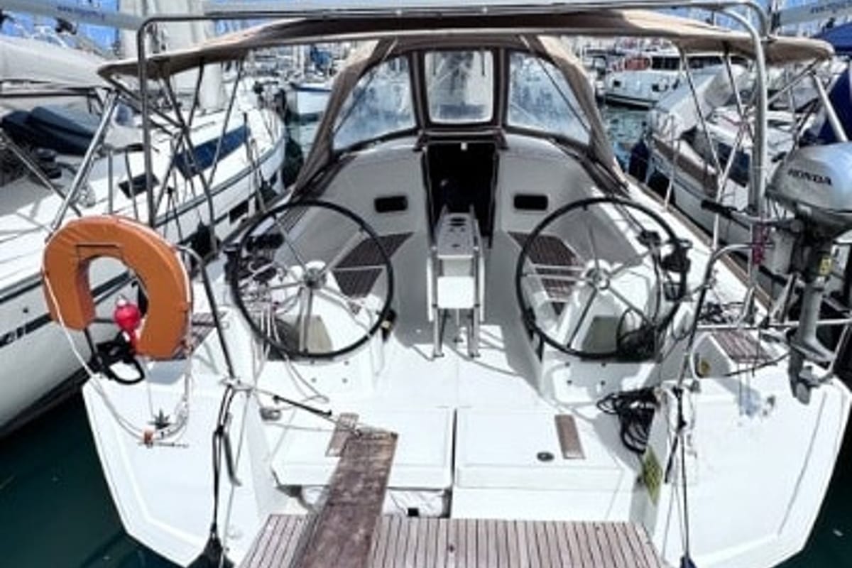 Cockpit of Cherie Bibi, a Jeanneau Sun Odyssey 349 sailboat at Municipal Unit of Lefkada, Greece