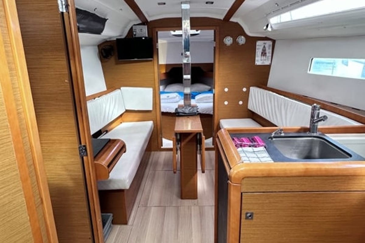 Salon of Cherie Bibi, a Jeanneau Sun Odyssey 349 sailboat at Municipal Unit of Lefkada, Greece