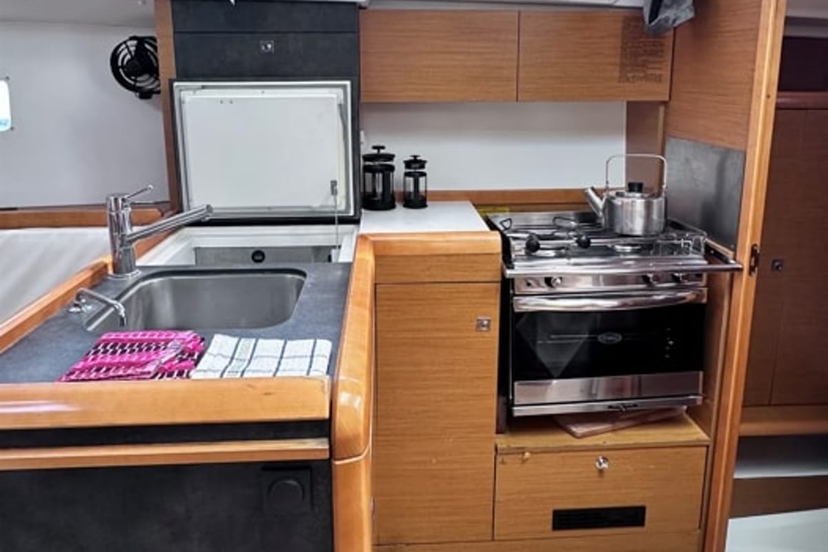 Galley of Cherie Bibi, a Jeanneau Sun Odyssey 349 sailboat at Municipal Unit of Lefkada, Greece