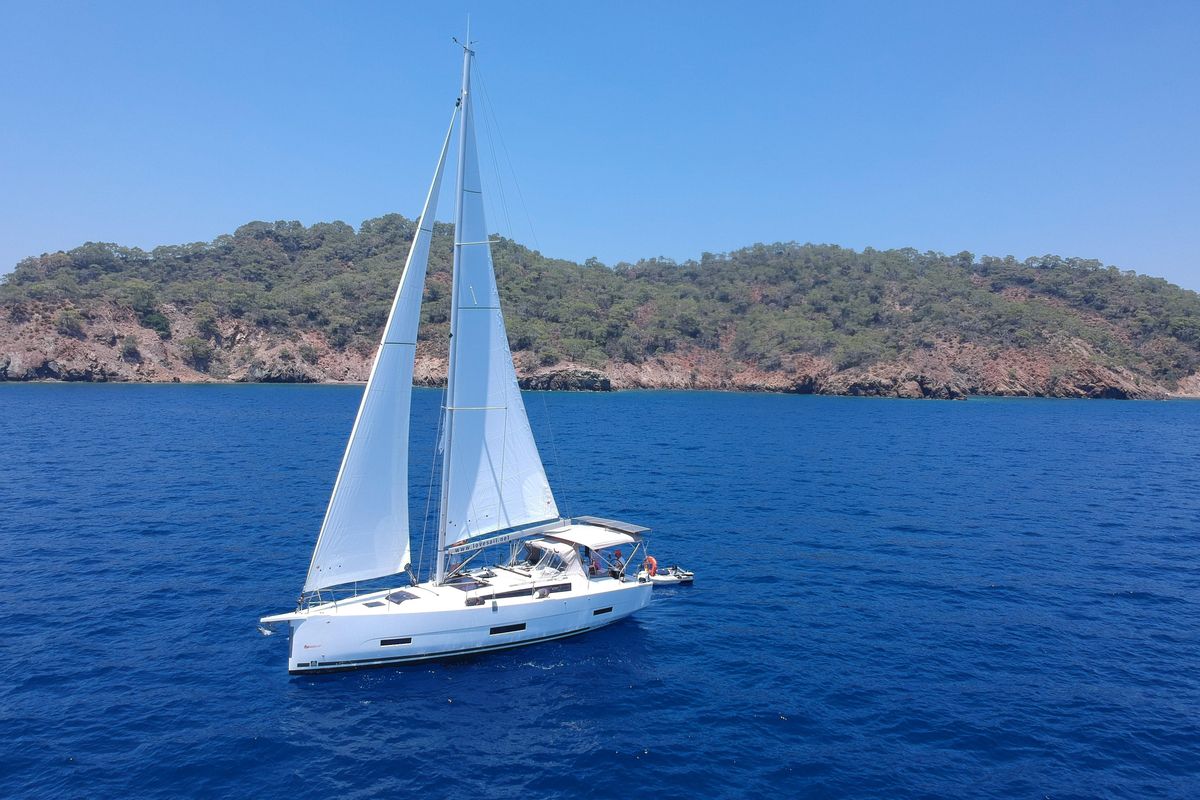 Exterior view of Joy 5, a Dufour 390 sailboat at Marmaris, Turkey