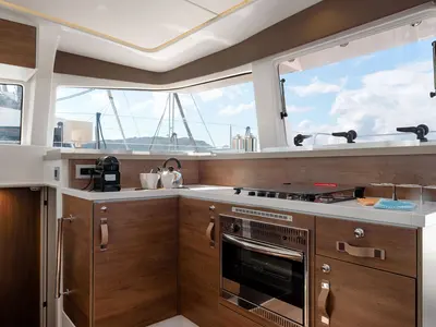 Galley of Orsa 5, a Bali 4.2 catamaran at Cannigione, Italy