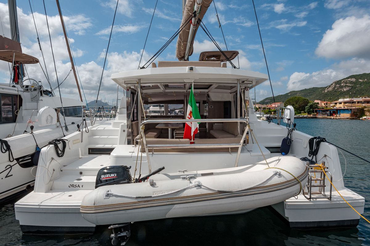 Exterior view of Orsa 5, a Bali 4.2 catamaran at Cannigione, Italy