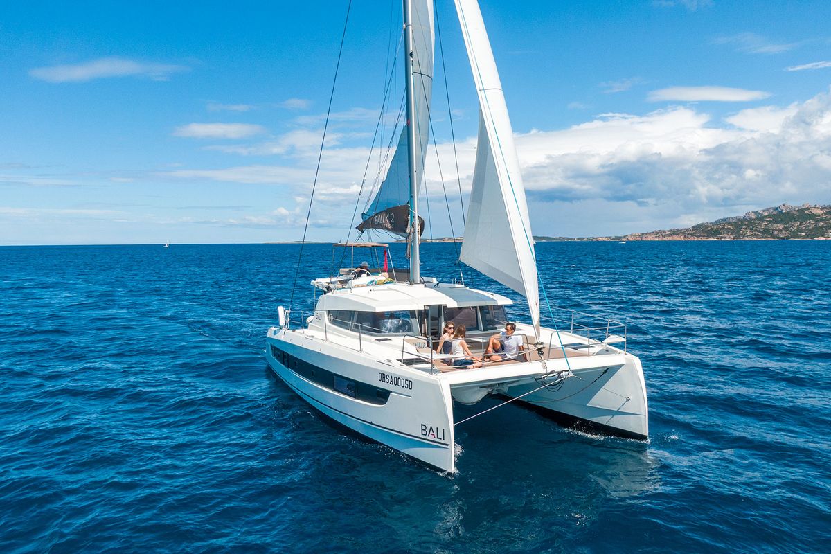Exterior view of Orsa 5, a Bali 4.2 catamaran at Cannigione, Italy