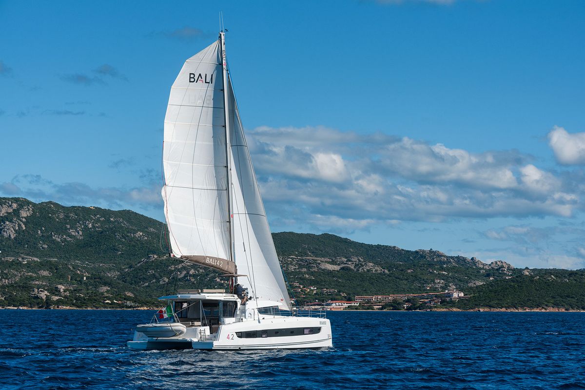 Exterior view of Orsa 5, a Bali 4.2 catamaran at Cannigione, Italy