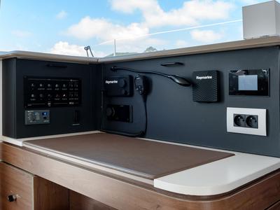 Cockpit of Orsa 5, a Bali 4.2 catamaran at Cannigione, Italy