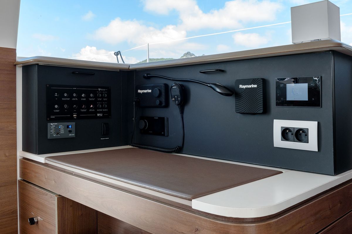 Cockpit of Orsa 5, a Bali 4.2 catamaran at Cannigione, Italy