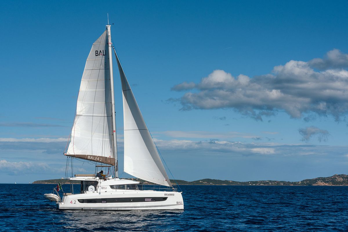 Exterior view of Orsa 5, a Bali 4.2 catamaran at Cannigione, Italy