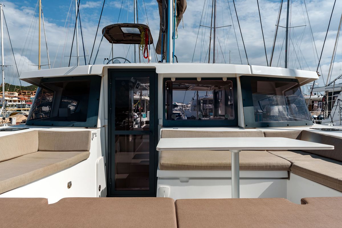 Deck of Orsa 5, a Bali 4.2 catamaran at Cannigione, Italy