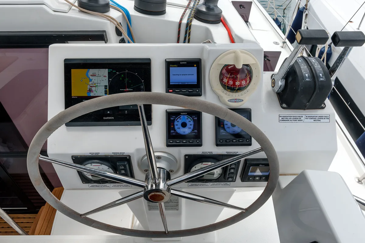 Cockpit of Orsa 5, a Bali 4.2 catamaran at Cannigione, Italy