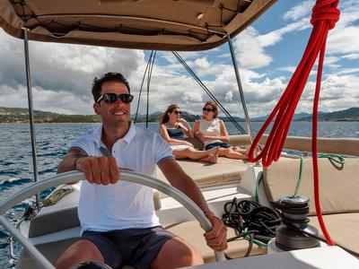 Deck of Orsa 5, a Bali 4.2 catamaran at Cannigione, Italy
