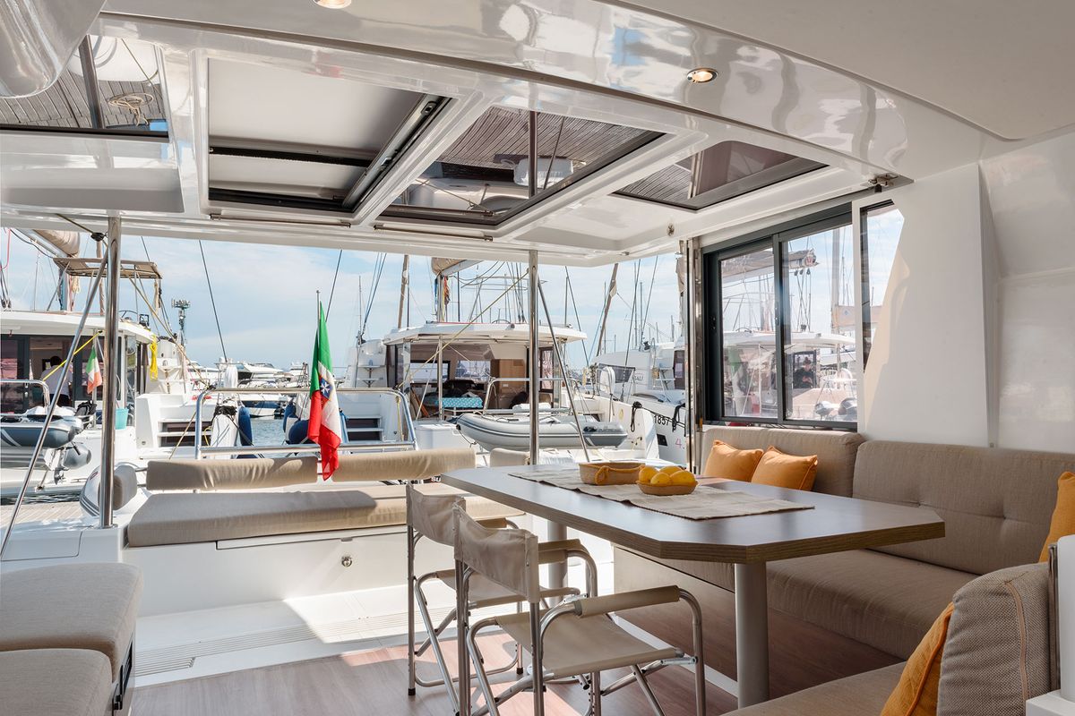 Salon of Orsa 5, a Bali 4.2 catamaran at Cannigione, Italy
