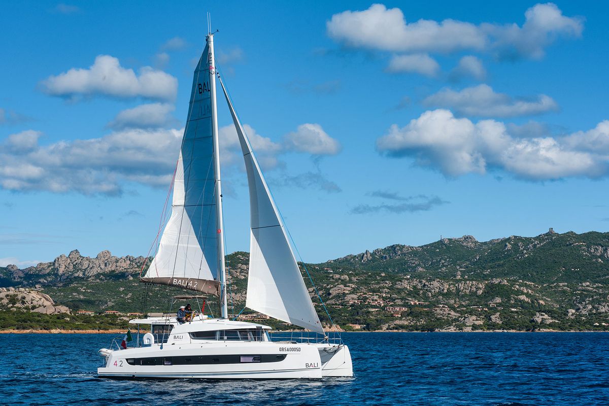 Exterior view of Orsa 5, a Bali 4.2 catamaran at Cannigione, Italy