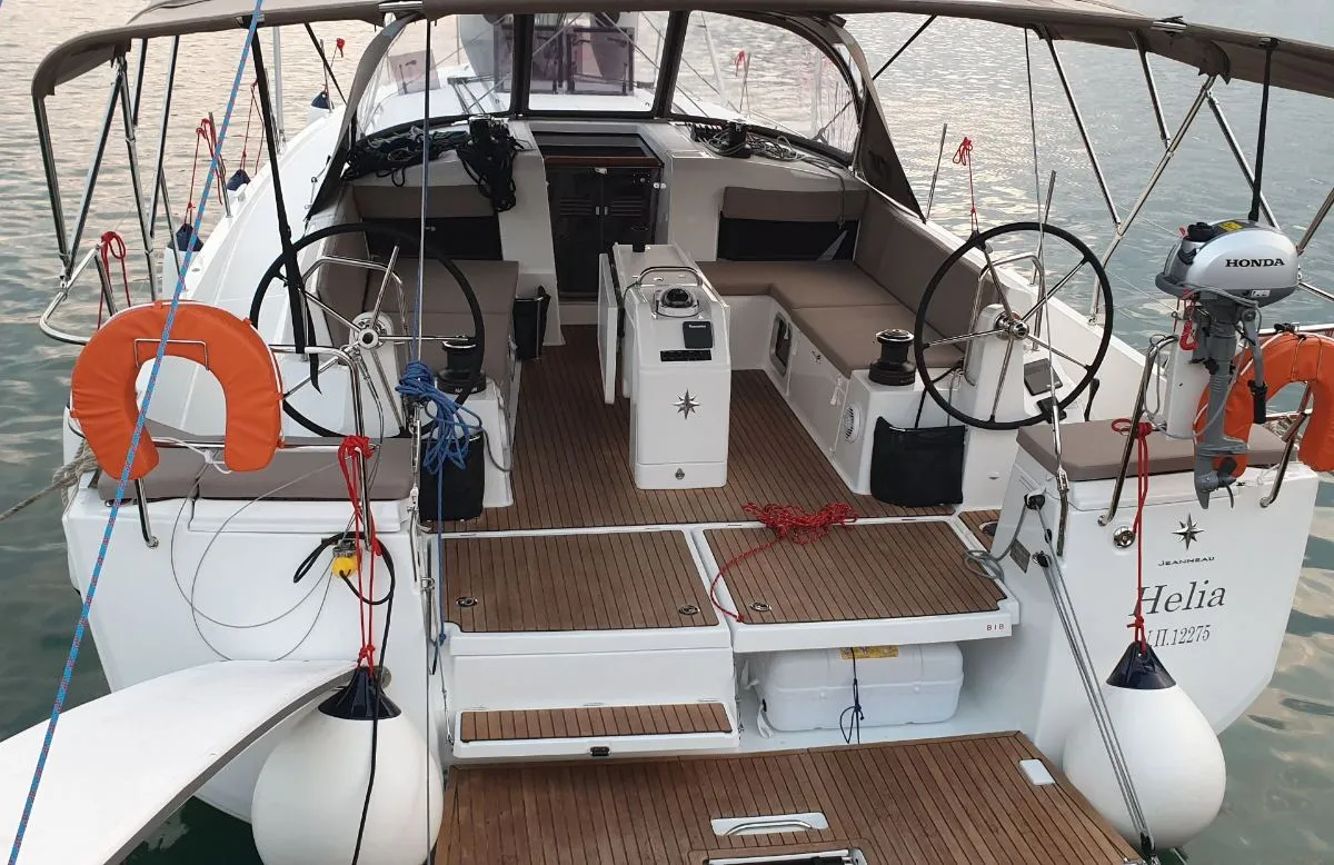 Cockpit of Helia, a Jeanneau Sun Odyssey 490 sailboat at Volos Municipality, Greece