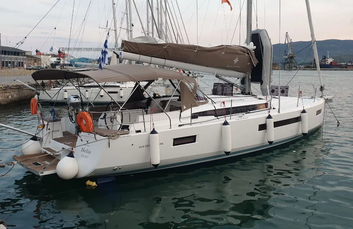 Exterior view of Helia, a Jeanneau Sun Odyssey 490 sailboat at Volos Municipality, Greece