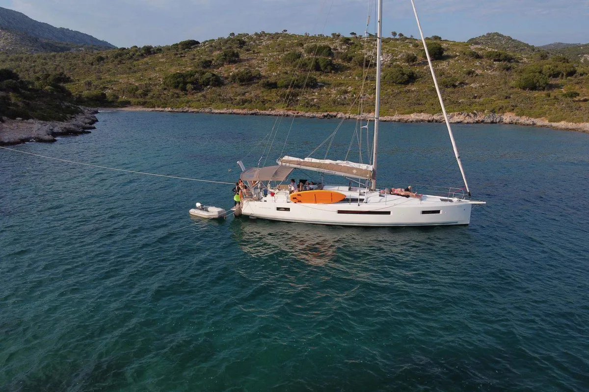 Exterior view of Helia, a Jeanneau Sun Odyssey 490 sailboat at Volos Municipality, Greece