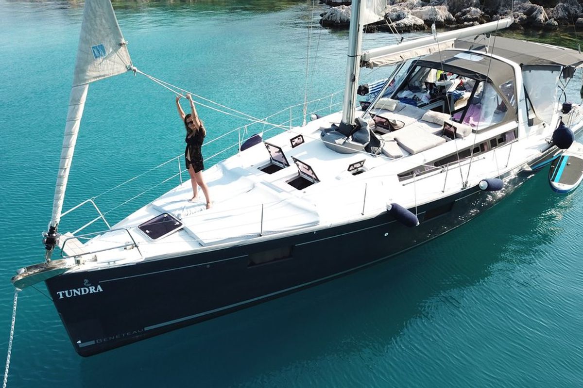 Deck of Tundra, a Beneteau Oceanis 48 sailboat at Kaş, Turkey