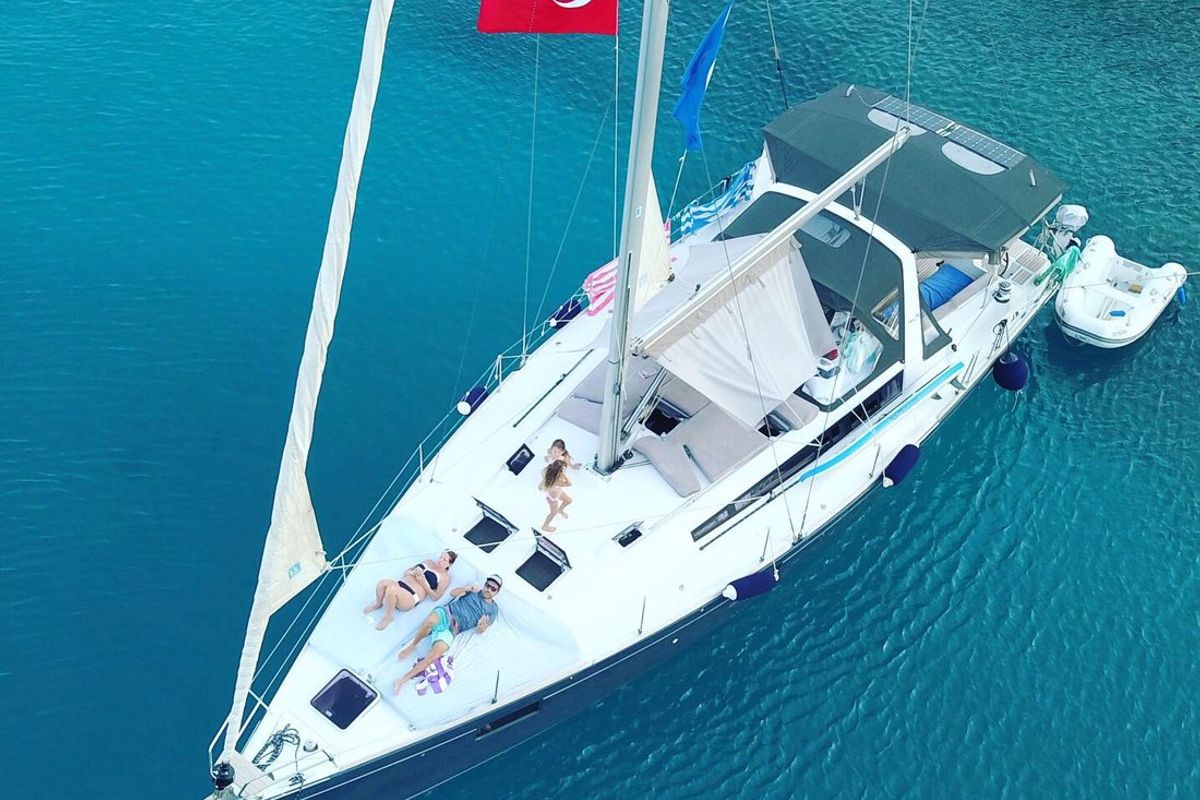 Exterior view of Tundra, a Beneteau Oceanis 48 sailboat at Kaş, Turkey